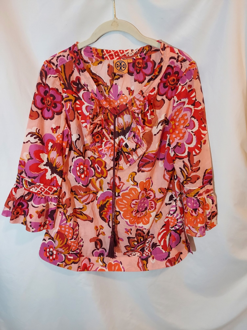 Tory Burch Gwenna Tassel Tie Floral Blouse Ruffle Bell Sleeve Cotton Pink 4
